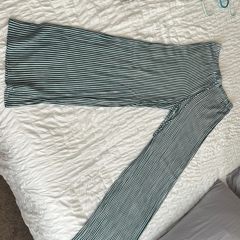 Green and white vertical pin stripe wide leg pants
